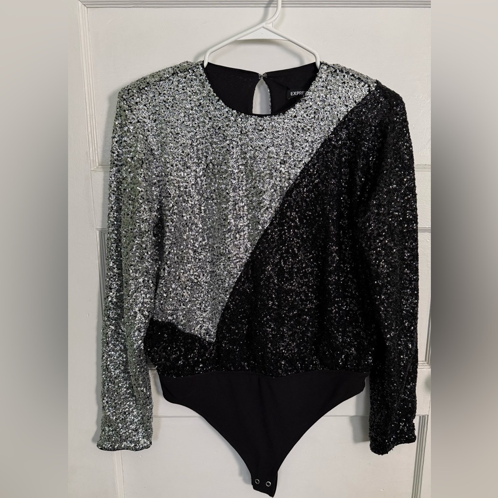 Express Women's Sequin Bodysuit in Black and Silver